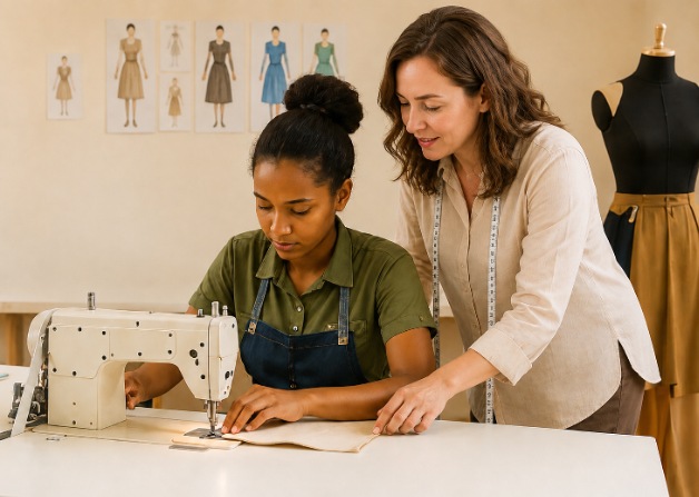 Fashion design trainer guiding a trainee at a sewing machine